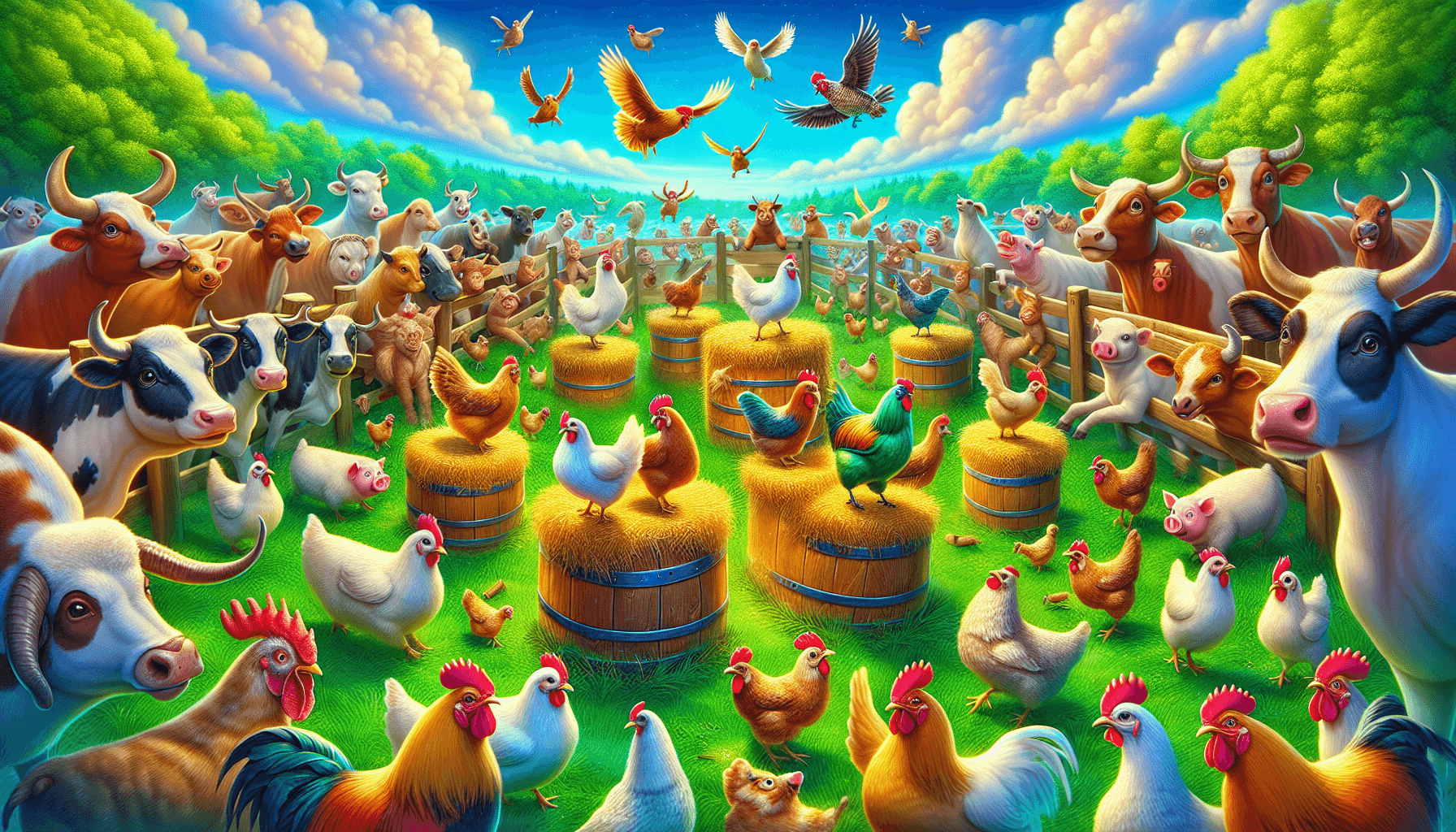 Farm animals celebrating a completed challenge in Chicken Road