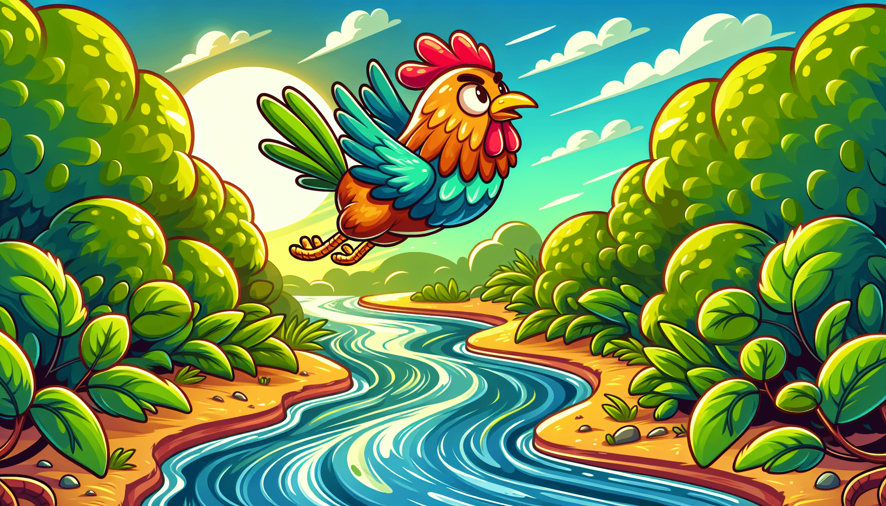 Chicken flying over a river in Chicken Road